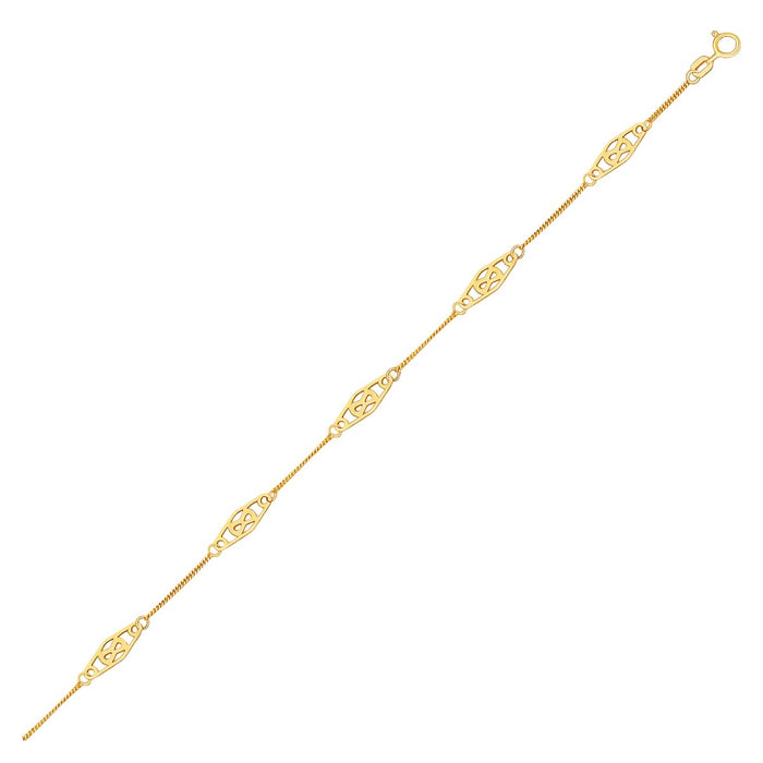 14k Yellow Gold Anklet with Fancy Diamond Shape Filigree Stations