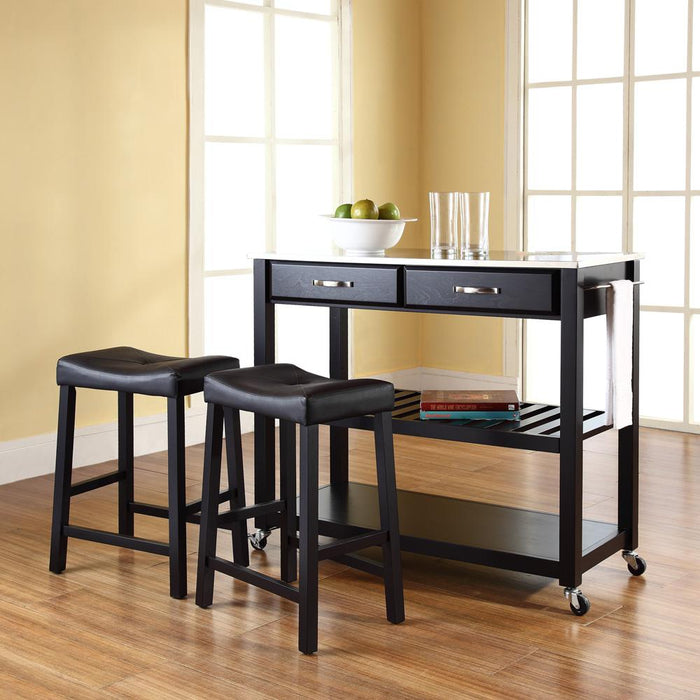 Stainless Steel Top Kitchen Prep Cart W/Uph Saddle Stools Black/Stainless Steel - Kitchen Island & 2 Counter Stools