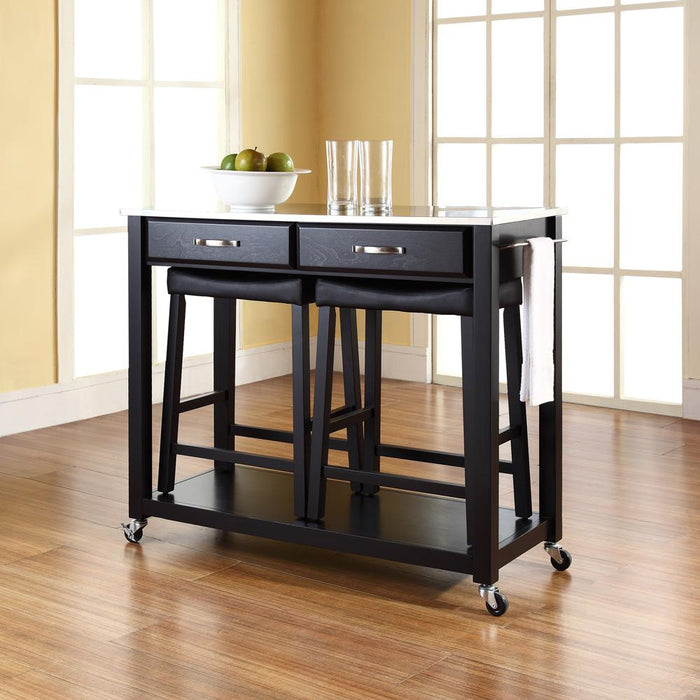 Stainless Steel Top Kitchen Prep Cart W/Uph Saddle Stools Black/Stainless Steel - Kitchen Island & 2 Counter Stools