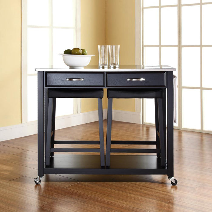 Stainless Steel Top Kitchen Prep Cart W/Uph Saddle Stools Black/Stainless Steel - Kitchen Island & 2 Counter Stools