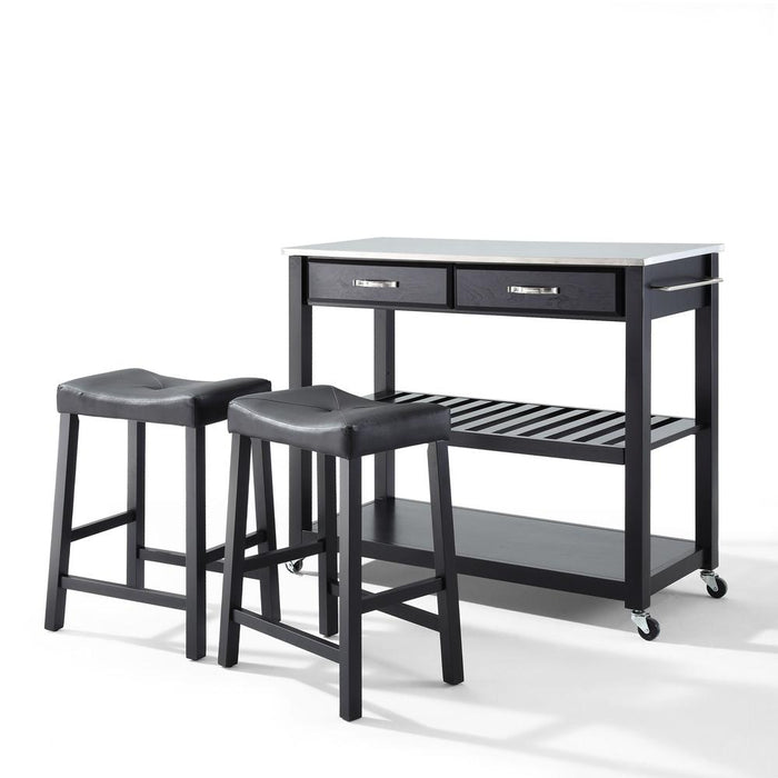 Stainless Steel Top Kitchen Prep Cart W/Uph Saddle Stools Black/Stainless Steel - Kitchen Island & 2 Counter Stools