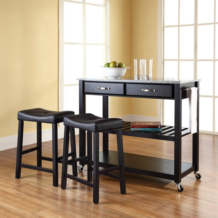 Granite Top Kitchen Prep Cart W/Uph Saddle Stools Black/Gray - Kitchen Island & 2 Counter Stools