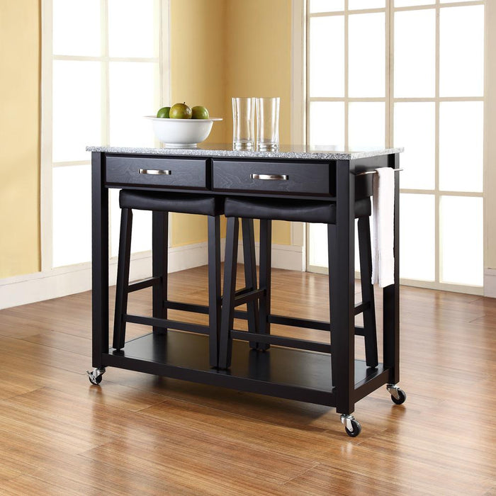 Granite Top Kitchen Prep Cart W/Uph Saddle Stools Black/Gray - Kitchen Island & 2 Counter Stools