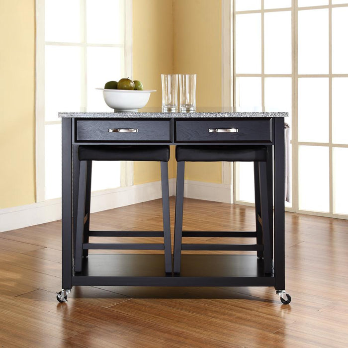 Granite Top Kitchen Prep Cart W/Uph Saddle Stools Black/Gray - Kitchen Island & 2 Counter Stools