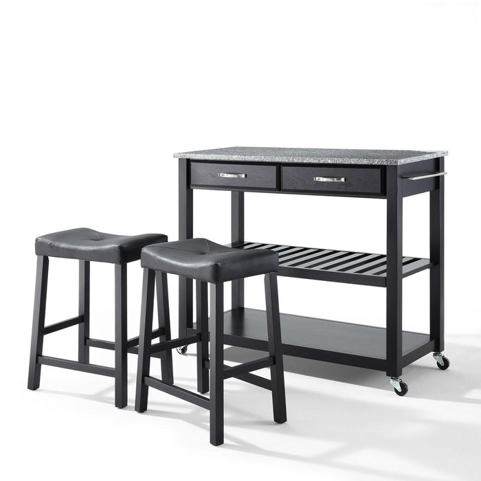 Granite Top Kitchen Prep Cart W/Uph Saddle Stools Black/Gray - Kitchen Island & 2 Counter Stools