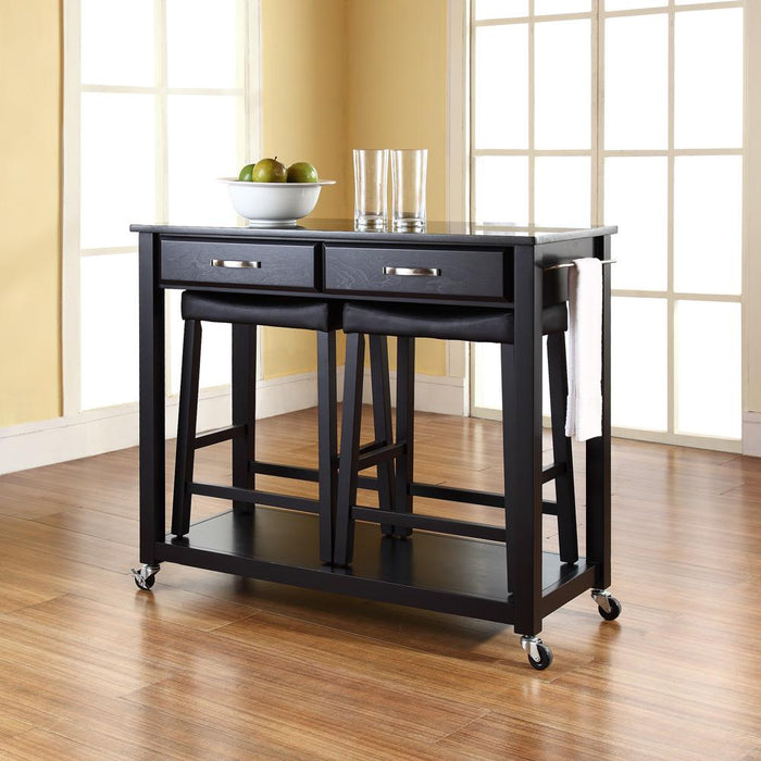 Granite Top Kitchen Prep Cart W/Uph Saddle Stools Black/Black - Kitchen Island & 2 Counter Stools