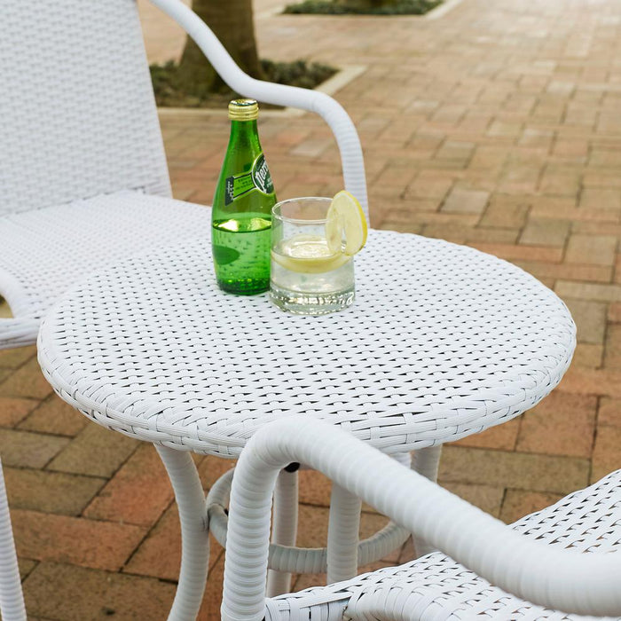 Palm Harbor 3Pc Outdoor Wicker Chair Set White - Round Side Table & 2 Stackable Chairs