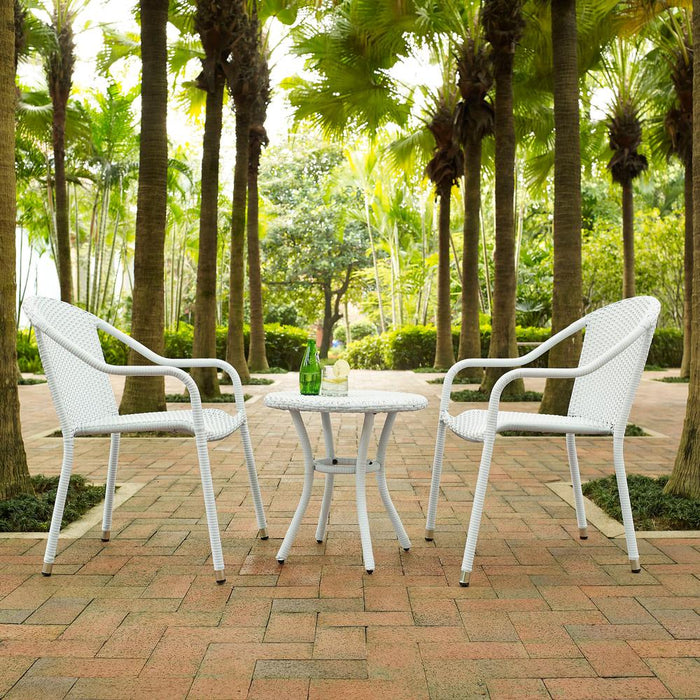 Palm Harbor 3Pc Outdoor Wicker Chair Set White - Round Side Table & 2 Stackable Chairs