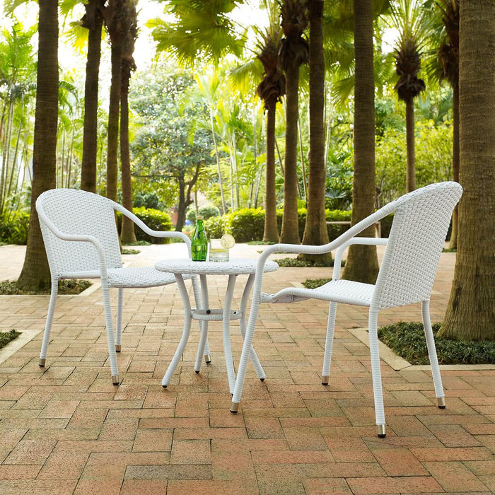 Palm Harbor 3Pc Outdoor Wicker Chair Set White - Round Side Table & 2 Stackable Chairs