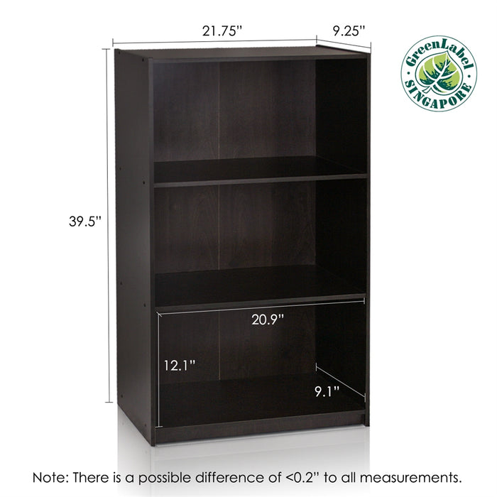 Basic 3-Tier Bookcase Storage Shelves, Espresso