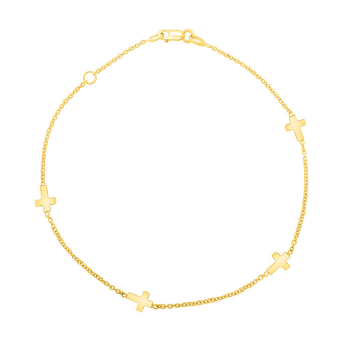 14k Yellow Gold Polished Station Cross Anklet (1.00 mm)