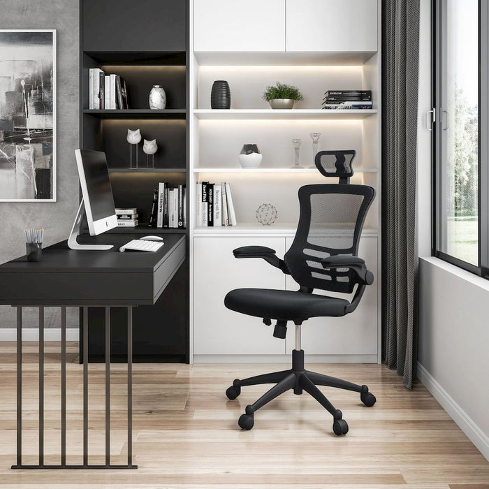 Modern High-Back Mesh Executive Office Chair With Headrest And Flip Up Arms. Color: Black