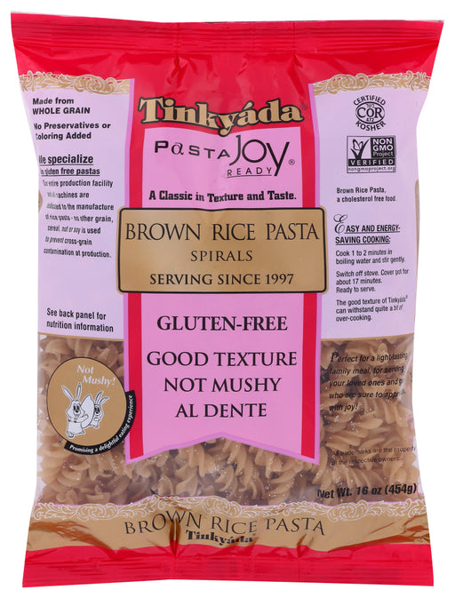 JOY! A rice pasta that cooks like any regular pasta. Award-winning taste Al dente and not mushy.

Cook 1 to 2 minutes in boiling water and stir gently. Switch off stove. Cover pot for about 17 minutes. Ready to serve. The good texture of Tinkyada can withstand quite a bit of over-cooking.
