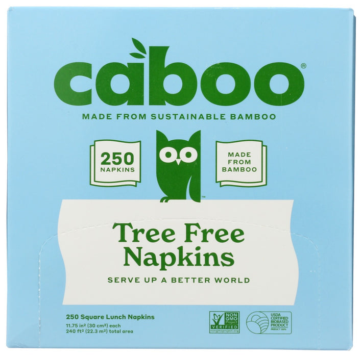 Tree free lunch napkins made from 100% bamboo &amp; sugarcane pulp. With the strength of bamboo &amp; the softness of sugarcane, Caboo is the sustainable alternative to tree-based products. Caboo table napkins are biodegradable making them an environmentally friendly choice for the RV, camping, picnics in the park and all your gatherings. Soft and absorbent 1-ply, 250 sheets.