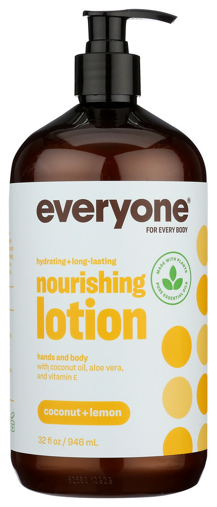 Formulated to work as hard as you do, this 3-in-1 lotion is gentle enough for every face and moisturizing enough for hands and body. Pure Coconut essence and Lemon essential oil leave you smelling great while the EO&reg; organic moisture complex of Aloe, Chamomile, White Tea and Calendula leaves your skin soft and touchable. Priced for every budget, formulated for every body. Generously sized for every body in a 32oz. recycled bottle with a pump top.