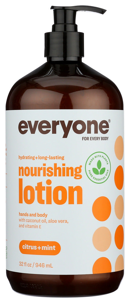 This versatile lotion is light and moisturizing enough to be used on face, hands and body. Nutrient-rich botanical extracts and Vitamin E are combined with the soothing, refreshing essential oils of Orange, Lavender and Peppermint to leave skin nourished and gently scented. Priced for every budget and generously sized for every body in a 32oz recycled bottle.