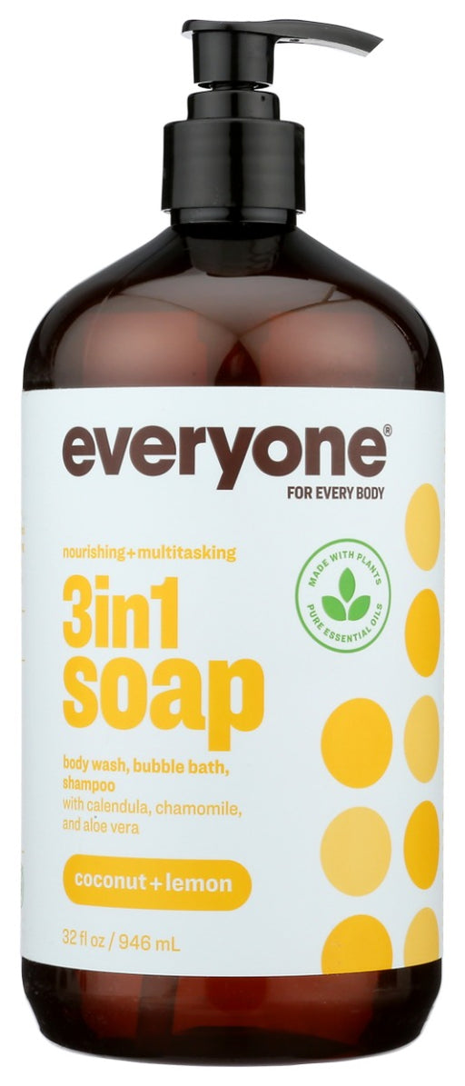 This multi-tasking soap is formulated to be used as shampoo, body wash and bubble bath. Blended with luxurious Coconut, bright Lemon essential oil awakens skin and transports the senses. Plant derived cleansers and botanical extracts create a skin-nourishing, foamy lather. Generously sized for the whole family in a 32oz recycled bottle.