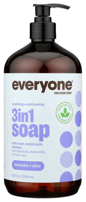 Everyone loves to be relaxed! Our multi-tasking 3-in-1 soap can be used as shampoo, body wash, and bubble bath. The calming scent of pure Lavender essential oil will leave you smelling great and soothing Aloe will leave your skin soft and clean. Generously sized for the whole family. 32 fl oz, packaged in a recycled bottle.