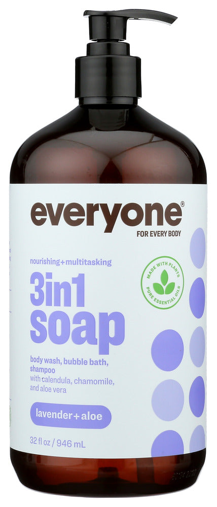 Everyone loves to be relaxed! Our multi-tasking 3-in-1 soap can be used as shampoo, body wash, and bubble bath. The calming scent of pure Lavender essential oil will leave you smelling great and soothing Aloe will leave your skin soft and clean. Generously sized for the whole family. 32 fl oz, packaged in a recycled bottle.