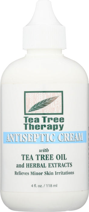 Tea Tree Therapy Antiseptic Cream has soothing and cooling action. Relieves minor skin irritations such as rashes, minor cuts, sunburn, scratches, insect bites, helps sooth symptoms of chickenpox and shingles. Its non-greasy formuly can be applied freely over large areas. Its emollient action moisturizes the skin. 5% concentration of Tea Tree Oil.