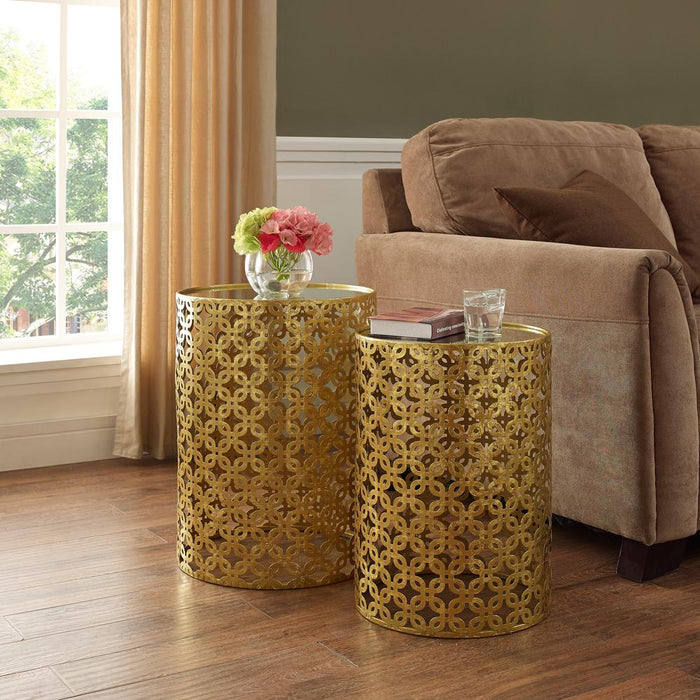 Set Of Two Round Gold Nested Tables With Mirror Tops