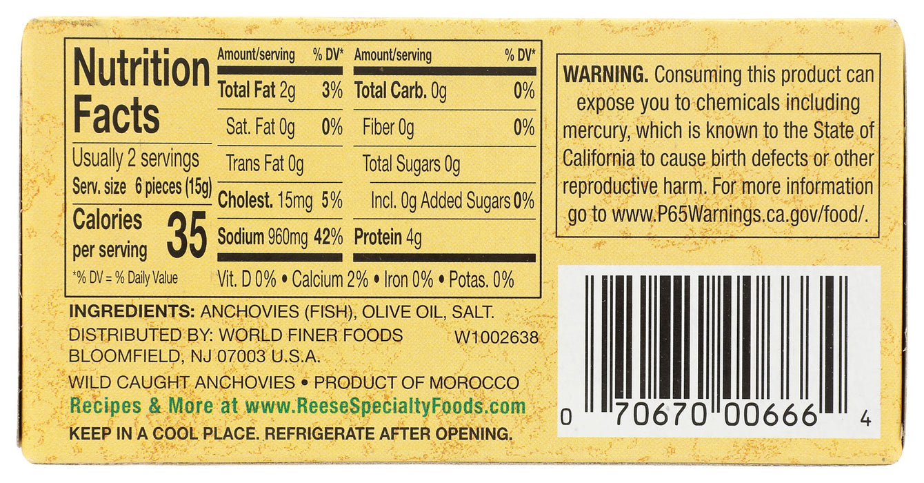 REESE: Flat Fillets of Anchovies in Pure Olive Oil, 2 oz