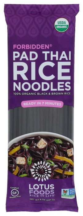 Our Forbidden® Pad Thai Rice Noodles are crafted from organic, whole grain black rice. Legend says this ancient grain was once reserved exclusively for the Emperors of China, to ensure their longevity and good health. This heirloom rice is treasured for its delicious roasted nutty taste, soft texture and beautiful deep purple color. These convenient, versatile noodles are perfect for making a more nutritious Asian-style dish, or use them as a gluten-free replacement for pasta.