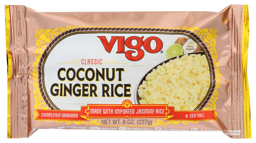 Vigo Coconut Ginger Rice is made with imported jasmine rice and real ginger and sea salt. Perfect with Thai style stir fries or curries, it also pairs as an interesting side dish for grilled fish or seafood, beef and pork. It is gluten free, has no artificial flavors, colors or preservatives and no added MSG. Healthy, delicious and with only a 20 minute cook time, Vigo Coconut Ginger Rice is perfect for today?s time and health conscious consumers.