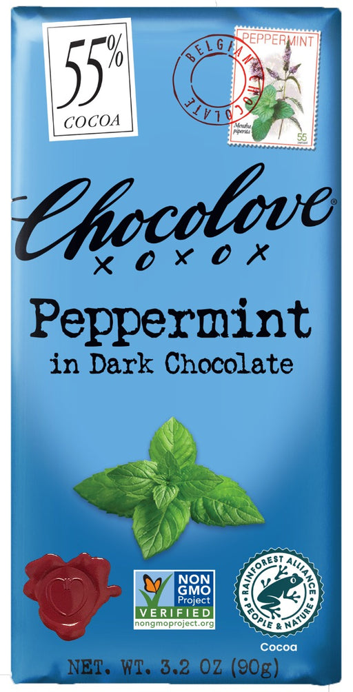 Dark semisweet Belgian chocolate and natural peppermint oil