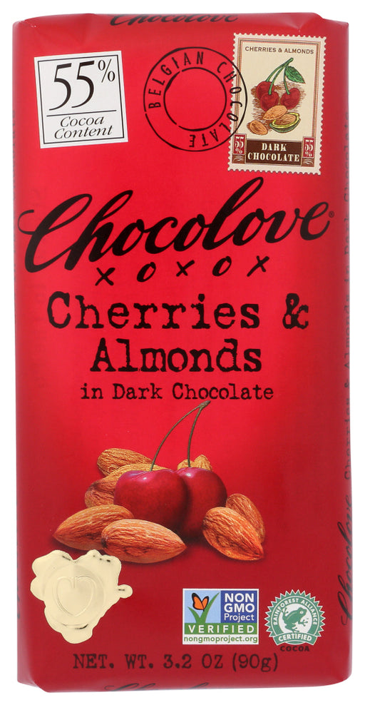 Michigan cherries and dry roasted almonds in Belgian dark chocolate.
