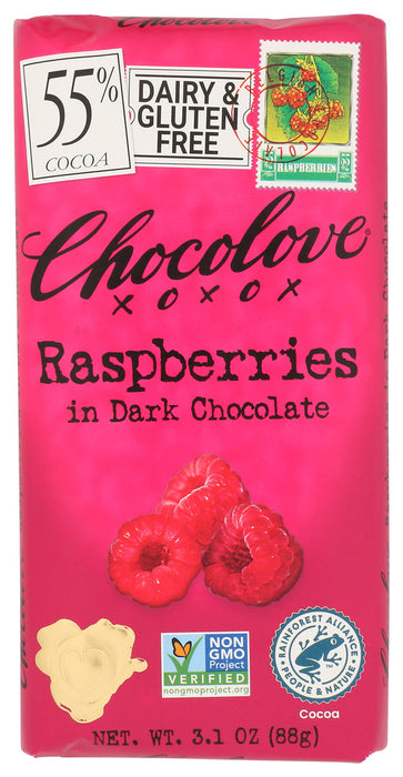 Freeze-dried raspberry pieces enveloped in Belgian dark chocolate.