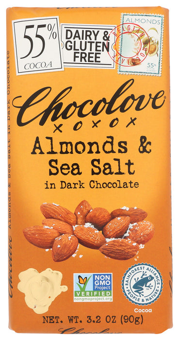 Dark semisweet Belgian chocolate, whole dry roasted almonds and sea salt