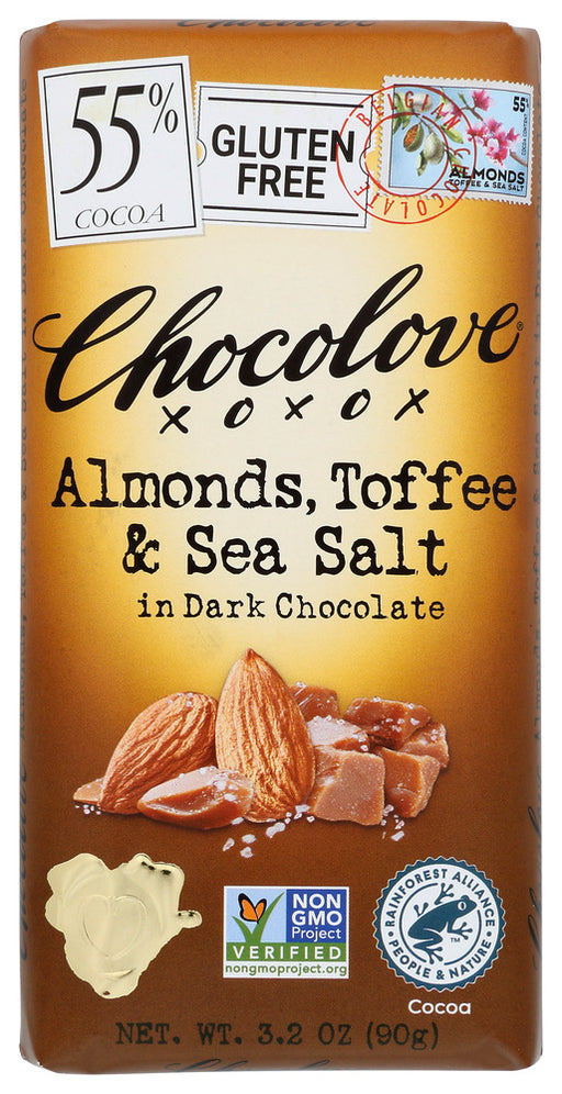 CHOCOLOVE: Almonds Toffee & Sea Salt in Dark Chocolate, 3.2 oz