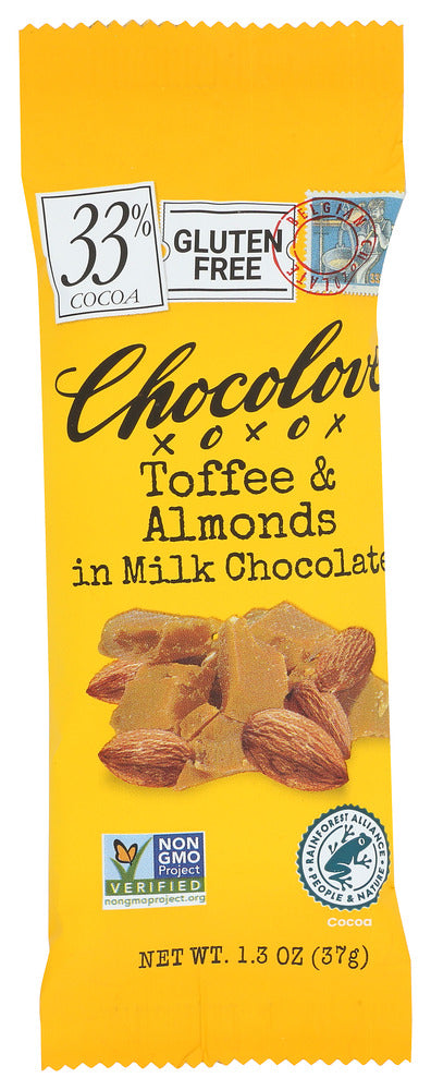 Smooth Belgian milk chocolate with chunks of almond toffee