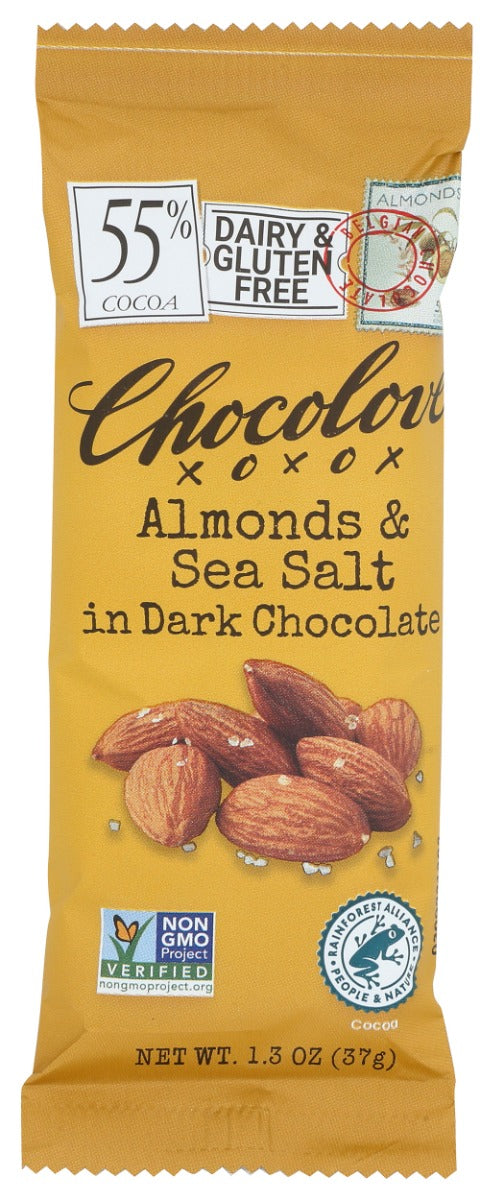 Dark semisweet Belgian chocolate, whole dry roasted almonds and sea salt.