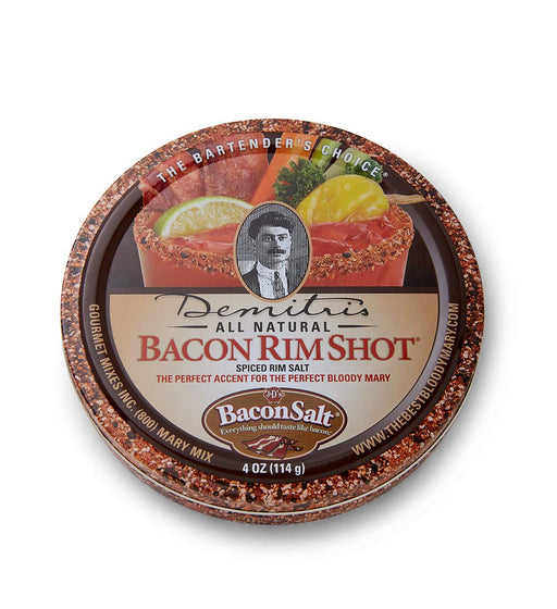 The perfect complement to the perfect Mary!
Demitri has teamed up with his friends at J&amp;D's, makers of Bacon Salt&reg;, to bring you "Bacon RimShot". A smoky, savory garnish that adds aroma and tons of flavor &ndash; great with a nice cold sip of a spicy Bloody Mary!
Check out all the yummy ways to use Demitri's Bacon Rimshot in any recipe.
Comes in one, 4oz tin
Dont forget to try our new Bacon RimShot with the Extra Horseradish flavor Seasoning!