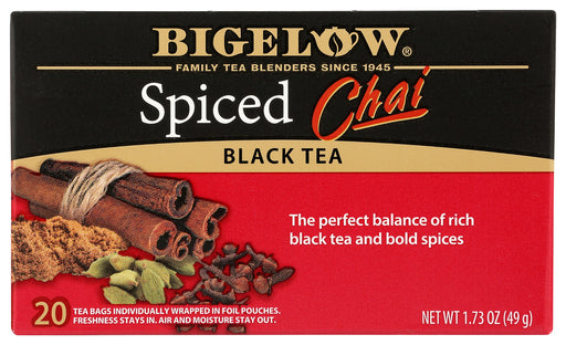 
Each ingredient has been carefully selected by the Bigelow family to deliver an uncompromised quality tea experience. Our Spiced Chai is a perfect blend of rich black tea and flavorful bold spices. Try it on its own or with a little milk and sweetener.
