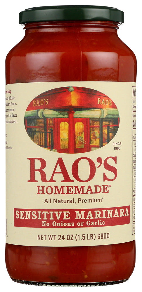 For people who are sensitive to the flavor or the effects of onions or garlic, Rao's developed Sensitive Formula Marinara Sauce which achieves full-bodied taste without the use of onions or garlic.