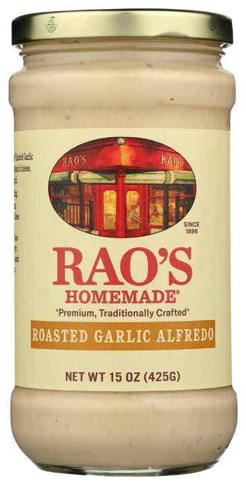 Rao's Homemade Alfredo Pasta Sauce features an all-natural, premium quality blend of rich Parmesan and Romano cheeses, cream, and butter.Following the same authentic Rao's recipe perfected by generations, each jar of alfredo sauce brings you the warm, classic flavor of homemade pasta sauce. Our white alfredo pasta sauce is slow-cooked in small batches with hand-selected ingredients resulting in a super creamy, cheesy sauce that's loaded with flavor.