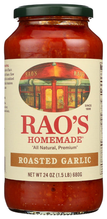 Rao's Homemade&reg; Roasted Garlic sauce is a delicious blend of vine ripened tomatoes imported from Italy and slow roasted garlic. The caramelized roasted garlic lends a subtle sweetness to the sauce. Suitable for vegetarians.
Rao's Roasted Garlic Sauce is made with Italian tomatoes, olive oil, roasted garlic, carrots, salt.