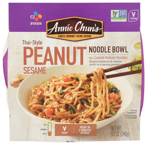 We've combined layers of roasted peanut bits and individually dried vegetables with our pre-cooked hokkien noodles to create a unique and savory Thai inspired vegan dish. This unbeatable flavor combination will please every palate from the Thai cuisine lover to the newbie. Order an Annie Chun's Peanut Sesame Noodle Bowl today!