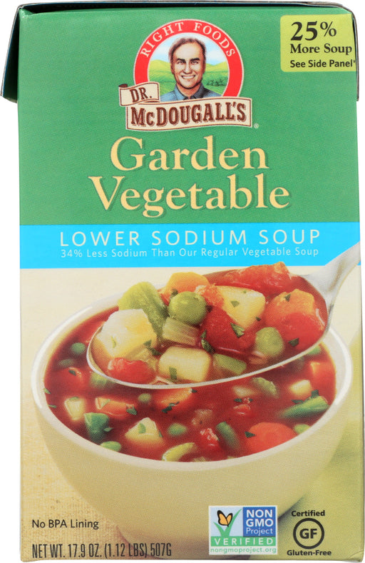 Dr. McDougall's Right Foods Light Sodium Garden Vegetable Soup is a delicious blend of ten vegetables in a savory vegan broth. It's a tasty source of antioxidants and has only 60 calories per serving. It's also gluten free.