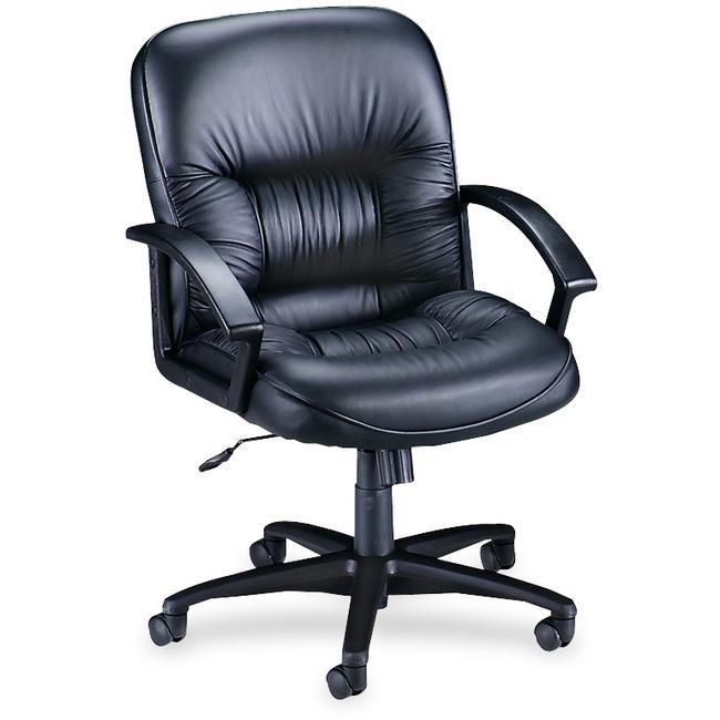 Lorell Tufted Managerial Mid-Back Office Chair - Black Leather Seat - Black Frame - 5-star Base - Black - 1 Each