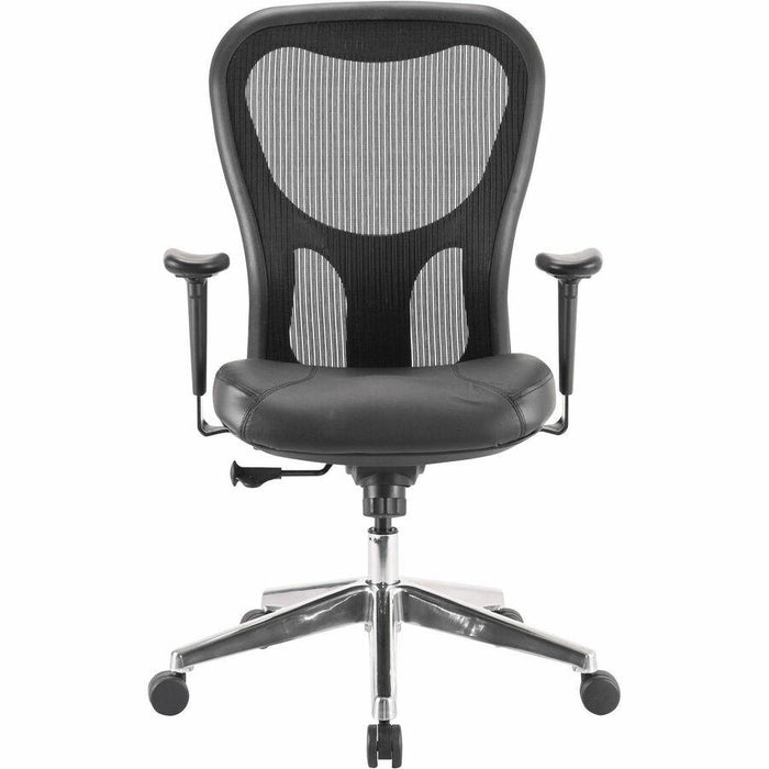 Lorell Mid Back Executive Chair - Black Leather Seat - Aluminum Frame - 5-star Base - 1 Each