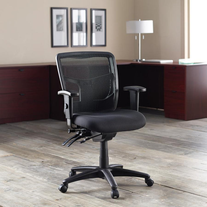 Lorell Managerial Swivel Mesh Mid-back Chair - Black Fabric Seat - Black Back - Black Frame - 5-star Base - Black - 1 Each