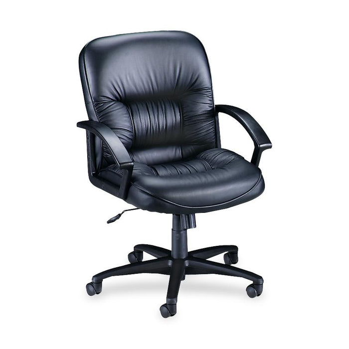 Lorell Tufted Managerial Mid-Back Office Chair - Black Leather Seat - Black Frame - 5-star Base - Black - 1 Each