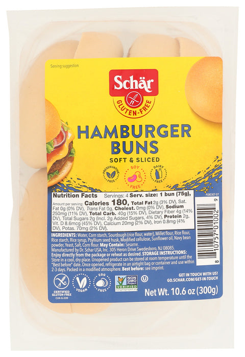 Baked with ancient grains and fortified with vitamins and minerals. Even if the grill is retired for the season, our hamburger buns make delicious dinner rolls. On our list of backyard barbecue essentials, SchÃ¤r Gluten Free Hamburger Buns are right at the top.