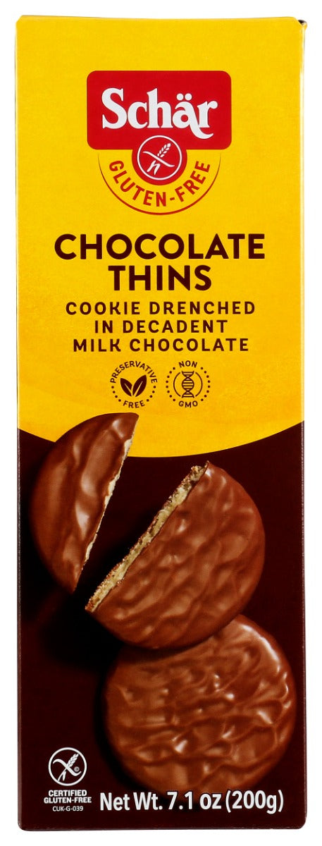 Experience the elegant simplicity of SchÃ¤r Gluten-Free Chocolate Thins! These delicately crisp biscuits are perfectly coated with a luscious layer of rich chocolate, making them an irresistible treat for any time of day.