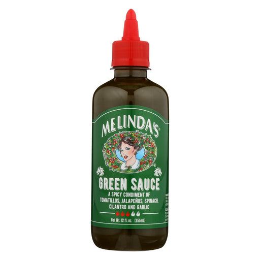 Melinda's  Green Sauce.  The social sauce “ gets along with any cuisine and should be invited to every meal.  Our green sauce blends all of the good green stuff: JalapeÃ±os, green tomatoes, spinach, cilantro and lime.  Then we add a little garlic and Red Habanero for a little dragon fire.  Made the Melinda's way:  with whole, fresh ingredients and the best peppers on the planet for people who care about those kinds of things.  Uses: Great with Asian, Latin cuisine and on practically everything.