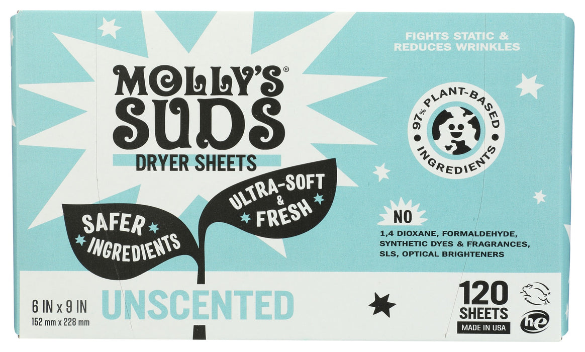 MOLLYS SUDS: Unscented Dryer Sheets Fabric Softener, 120 pk